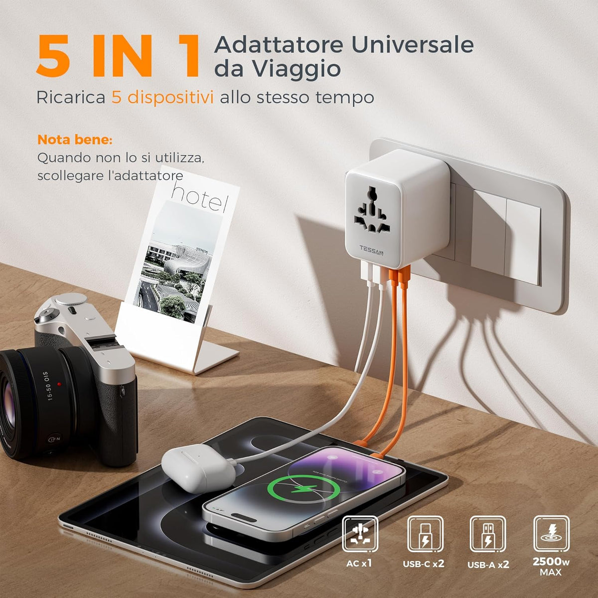 TESSAN Reiseadapter Weltweit Mit 2 USB a Und 2 USB C, Grau