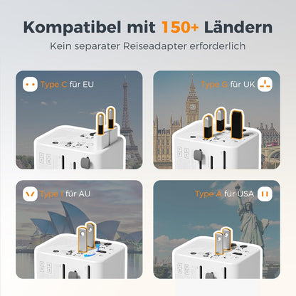 TESSAN Reiseadapter Weltweit Mit 2 USB a Und 2 USB C, Grau
