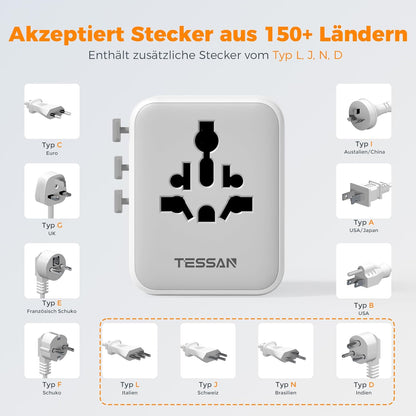 TESSAN Reiseadapter Weltweit Mit 2 USB a Und 2 USB C, Grau