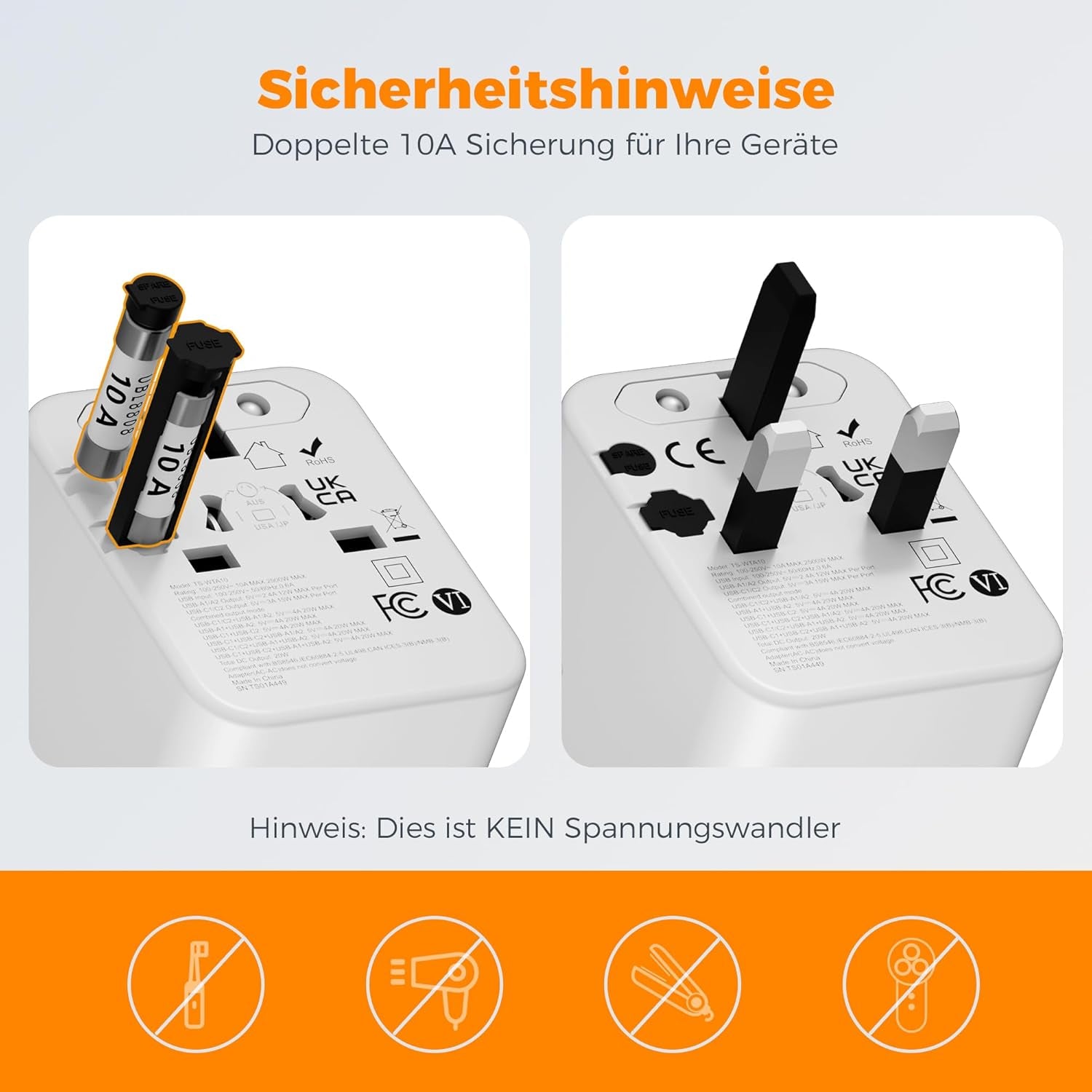 TESSAN Reiseadapter Weltweit Mit 2 USB a Und 2 USB C, Grau
